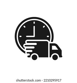 Truck with clock. Delivery time, shipment schedule icon flat style isolated on white background. Vector illustration