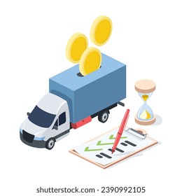 Truck coins, hourglass, contract. Vector 3d isometric, color web icons, new flat style. Creative design idea for infographics.