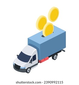 Monedas de camiones. Vector 3d isométrico, iconos web de color, nuevo estilo plano. Idea de diseño creativo para infografías.