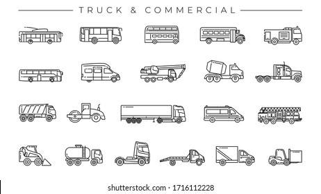 Truck and Commercial concept line style vector icons set.