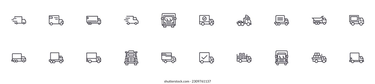 Concepto de camión. Colección de iconos modernos de línea de entrega de alta calidad. Trazo editable. Símbolo lineal premium para sitios web, volantes, banners, tiendas online y empresas. 