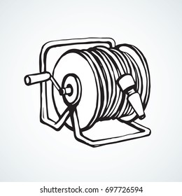 Truck conduit pvc pipeline pressure tap on broadband spool reel wheel bundle on white background. Freehand line black ink hand drawn logo sketchy in art retro doodle cartoon graphic style pen on paper