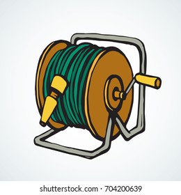 Truck conduit pvc pipeline pressure tap on broadband spool reel wheel bundle on white background. Bright green color line hand drawn logo sketchy in art retro doodle cartoon graphic style pen on paper