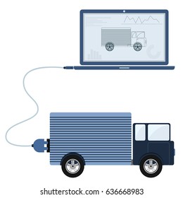 Truck connected to a laptop through a usb cable. Outline of the truck and graphs being shown on the computer monitor. Flat design. Isolated.