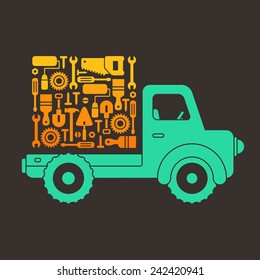 truck with construction bright color icons arranged in square shape on black background