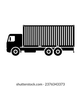 Truck with container icon. Black silhouette. Side view. Vector simple flat graphic illustration. Isolated object on a white background. Isolate.