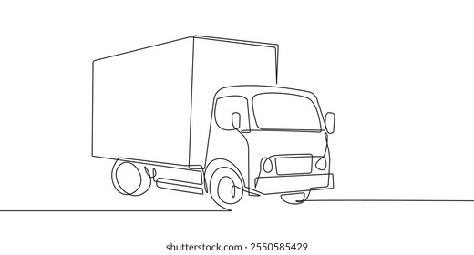 Dibujo continuo de una línea de camión. Ilustración simple del arte de la línea del coche de la entrega para el logotipo, impresión, cartel, Anuncio en diseño moderno minimalista. Vector EPS 10