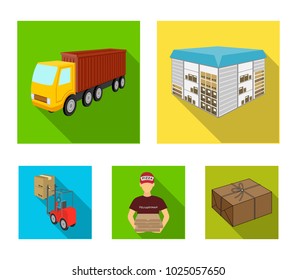 Truck, courier for delivery of pizza, forklift, storage room. Logistics and delivery set collection icons in flat style isometric vector symbol stock illustration web.