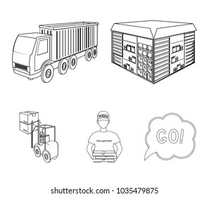 Truck, courier for delivery of pizza, forklift, storage room. Logistics and delivery set collection icons in outline style isometric vector symbol stock illustration web.