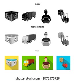 Truck, courier for delivery of pizza, forklift, storage room. Logistics and delivery set collection icons in black, flat, monochrome style isometric vector symbol stock illustration web.