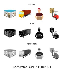 Truck, courier for delivery of pizza, forklift, storage room. Logistics and delivery set collection icons in cartoon,black,monochrome style isometric vector symbol stock illustration web.