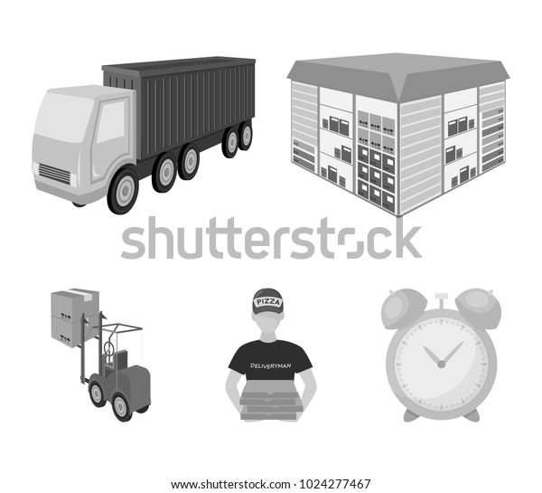 Truck, courier for\
delivery of pizza, forklift, storage room. Logistics and delivery\
set collection icons in monochrome style isometric vector symbol\
stock illustration web.