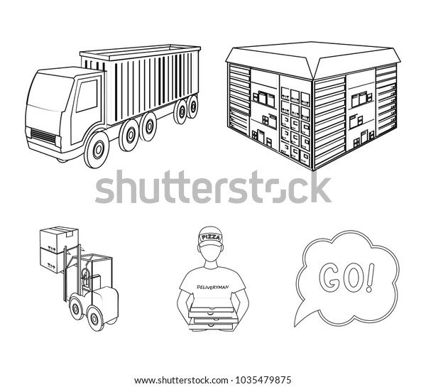 Truck, courier for\
delivery of pizza, forklift, storage room. Logistics and delivery\
set collection icons in outline style isometric vector symbol stock\
illustration web.