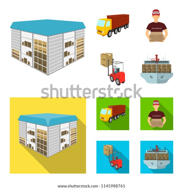 Truck, courier for\
delivery of pizza, forklift, storage room. Logistics and delivery\
set collection icons in cartoon,flat style isometric vector symbol\
stock illustration web.