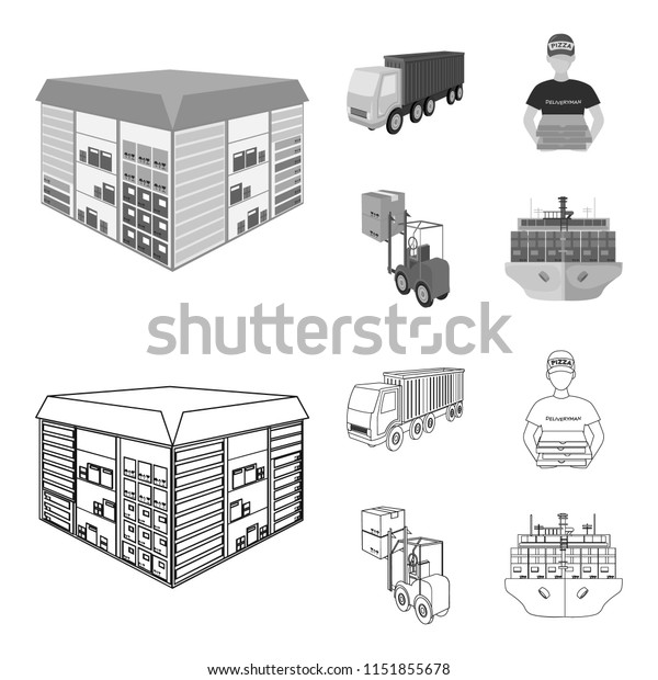Truck,\
courier for delivery of pizza, forklift, storage room. Logistics\
and delivery set collection icons in outline,monochrome style\
isometric vector symbol stock illustration\
web.