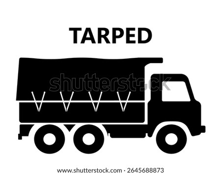 Truck with covered tarp for a secure load on the road. Tarped Vehicle.