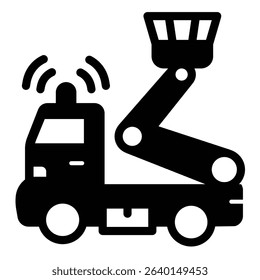 Truck with crane basket and siren solid icon, electrical service concept. Vector graphics. Crane vehicle for uplifting sign on white background, style mobile or design