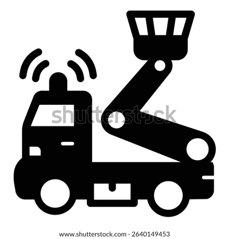 Truck with crane basket and siren solid icon, electrical service concept. Vector graphics. Crane vehicle for uplifting sign on white background, style mobile or design