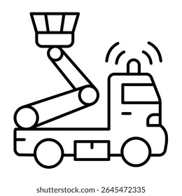 Truck with crane basket and siren thin line icon, electrical service concept. Vector graphics. Crane vehicle for uplifting sign on white background, style mobile or design