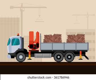 Truck crane with bricks cargo. Vector illustration on construction background