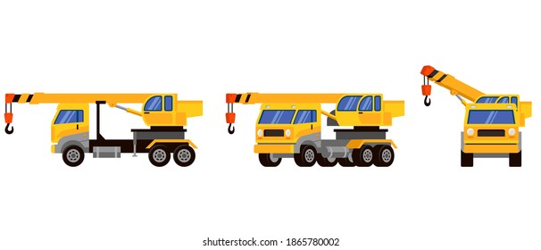 Truck with crane in different angles. Special machinery in cartoon style.
