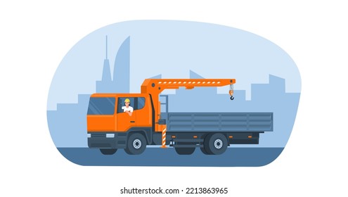 Truck with a crane with a driver rides on the background of an abstract cityscape. Vector illustration.
