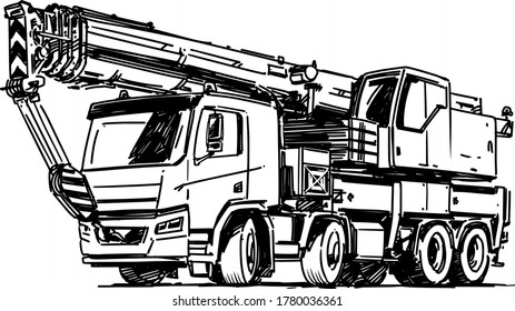 Truck Crane Driving Isolated on white. Vector Illustration