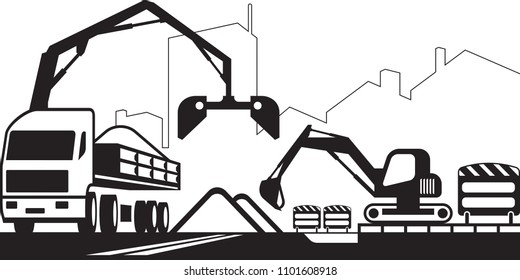 Truck Crane And Excavator Repair A Street - Vector Illustration