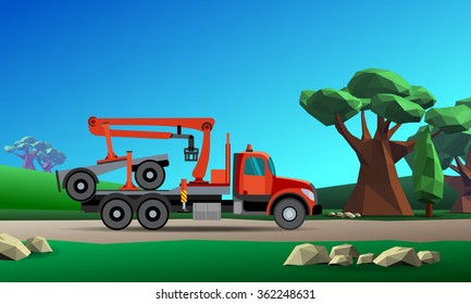 Truck with crane hydraulic arm dolly trailer on the forest background. Vector illustration
