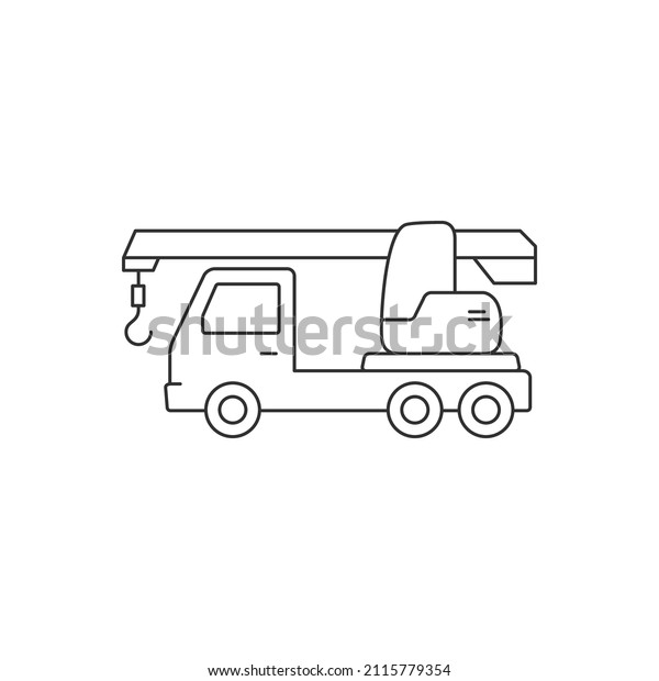 Truck crane icon. Black line\
silhouette. Side view. Vector Isolated object on white\
background.