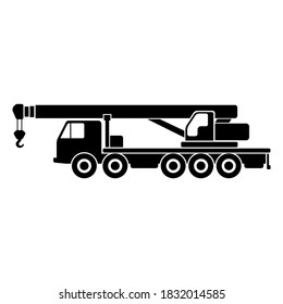 Truck crane icon. Heavy construction equipment. Black silhouette. Side view. Vector flat graphic illustration. The isolated object on a white background. Isolate.
