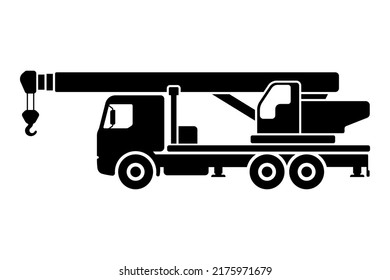 Truck crane icon. Crane on chassis. Black silhouette. Side view. Vector simple flat graphic illustration. Isolated object on a white background. Isolate.