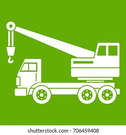Truck crane icon white isolated on green background. Vector illustration