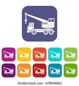 Truck crane icons set vector illustration in flat style In colors red, blue, green and other