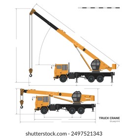 Truck crane industrial blueprint. Hydraulic machine drawing. Isolated loader car in realistic style. 3d vehicle side view. Building lorry. Vector illustration