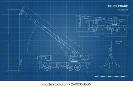 Truck crane industrial blueprint. Hydraulic machine outline drawing. Loader car in line style. Vehicle side view. Contour building lorry. Vector illustration