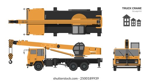 Truck crane industrial blueprint. Side, top and front views. Hydraulic equipment drawing. Isolated loader car in realistic style. 3d orange vehicle. Building lorry. Vector illustration