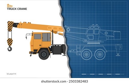 Truck crane industrial blueprint. Side view of 3d machine. Hydraulic equipment drawing. Isolated loader car in realistic style. Building lorry. Vector illustration