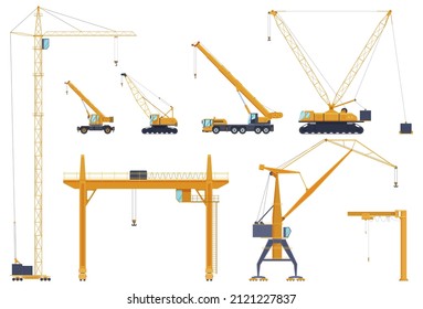 Truck crane industrial vehicle collection vector flat illustration. Engineering building transportation strong machinery technology for elevate freight with hook. Construction transport lifting cargo