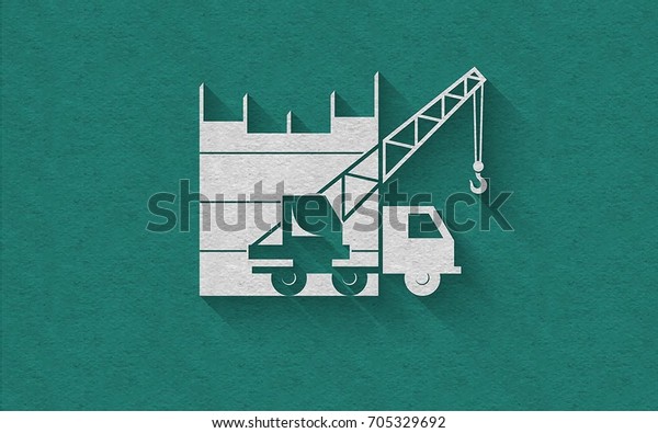 Truck crane\
on silhouettes of buildings background flat logo, building process\
illustrating, development industry logo icon. Craft textured. Paper\
art style. Material design.\
