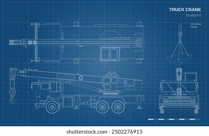 Truck crane outline blueprint. Side, top and front views. Industrial building drawing. Document with loader car in line style. Contour template. Vector illustration