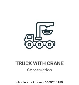 Truck with crane outline vector icon. Thin line black truck with crane icon, flat vector simple element illustration from editable construction concept isolated stroke on white background