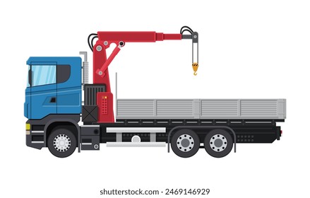 Truck with crane and platform. Cargo delivery truck. Vehicle for construction and building. Car for transport. Trailer vehicle. Vector illustration in flat style