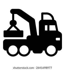 Truck with crane and stove solid icon, making road concept. Vector graphics. Crane vehicle, heavy transport sign on white background, style mobile or design