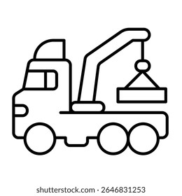 Truck with crane and stove thin line icon, making road concept. Vector graphics. Crane vehicle, heavy transport sign on white background, style mobile or design