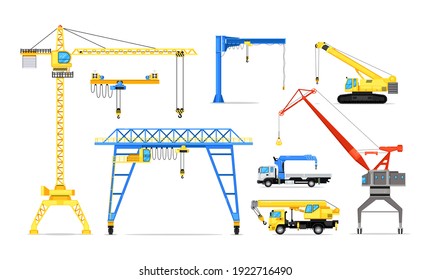 Truck crane and tower mechanism industrial machinery set. Tall power freight lifting vehicle and cargo loading machine with derrick and hook vector illustration isolated on white background