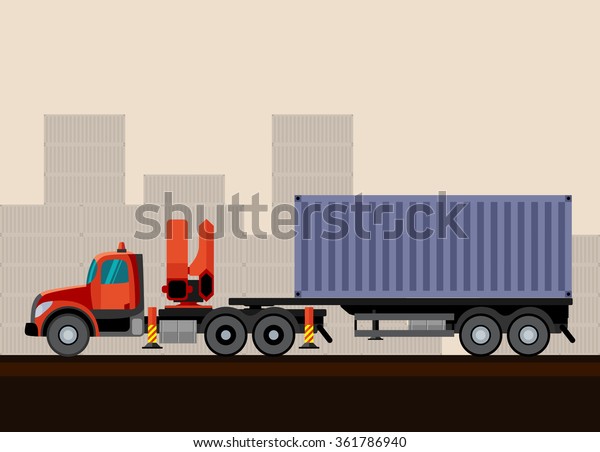 Truck crane trailer with container cargo.\
Vector illustration on\
background
