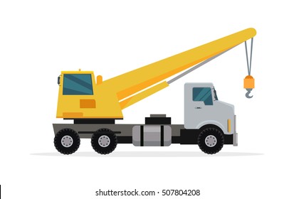 Truck crane vector. Flat design. Industrial transport. Construction machine. Big lorry with telescopic hoist. For construction theme illustrating, building companies advertising. On white background