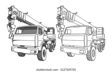 Truck crane vector illustration. Vector illustration in black and white. Coloring page.