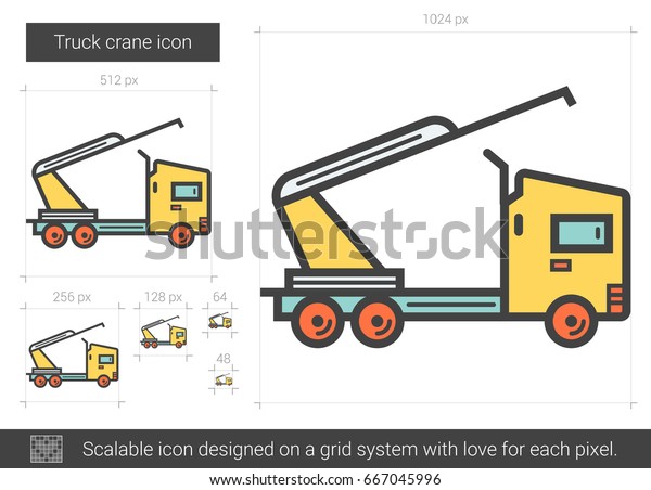 Truck crane vector line icon isolated\
on white background. Truck crane line icon for infographic, website\
or app. Scalable icon designed on a grid\
system.